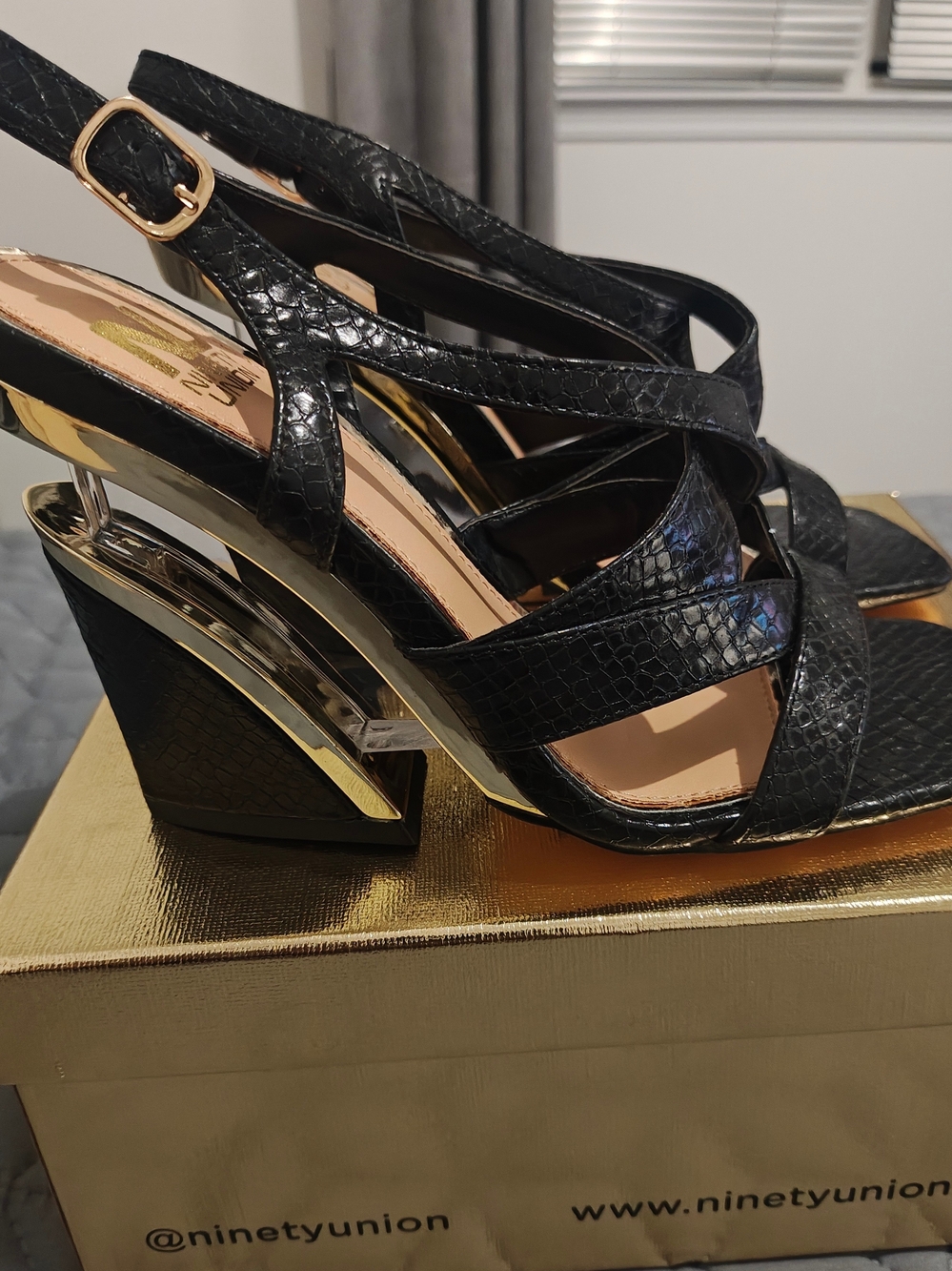 NinetyUnion Black Textured Wedge Heels with Gold Accent